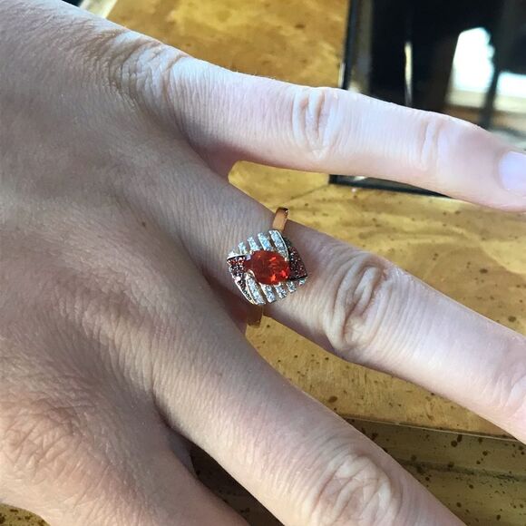 Natural Fire Opal Sterling Silver 18k Yellow Gold Vermeil Ring Size 7 - Picture 3 of 8